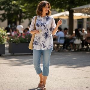 Navy and White Floral Women's Blouse